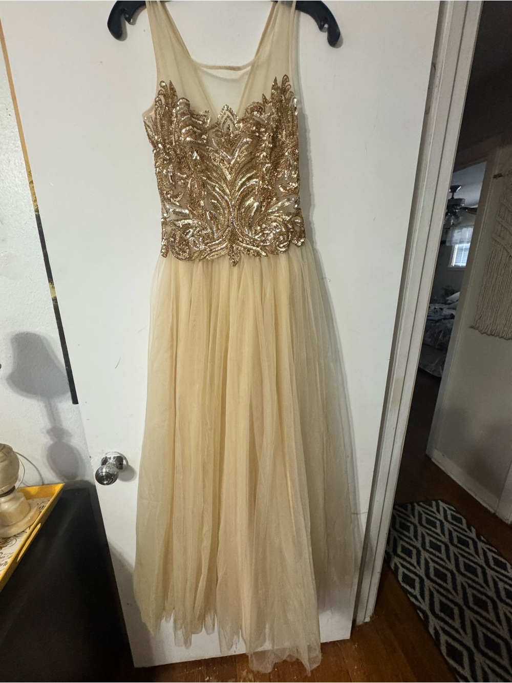 Basix Black Label Elegant Gold Sequin Bodice Tulle Prom Dress